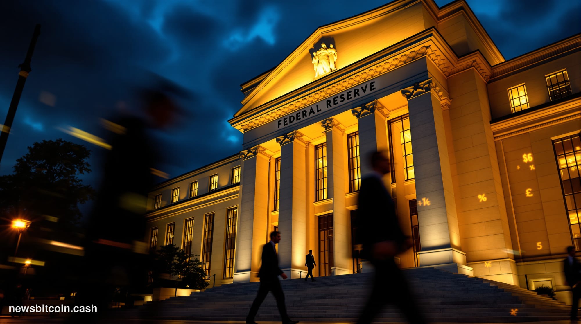 A dramatic cinematic photograph of the Federal Reserve building in Washington DC at dusk, shot from a low angle to emphasize 