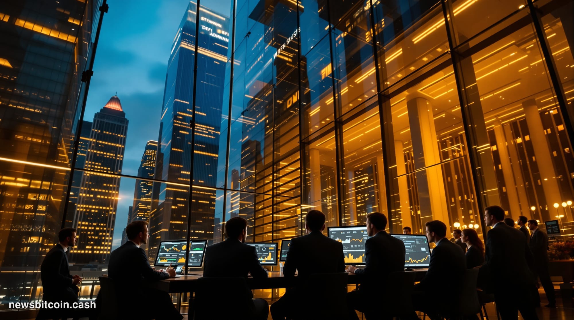 A cinematic photorealistic editorial photograph showcasing the intersection of traditional finance and DeFi technology. The s