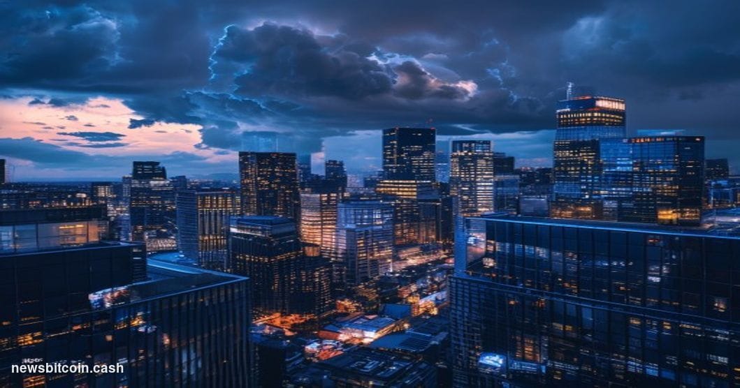 A cinematic photorealistic editorial photograph showing the Tokyo skyline at dusk with dramatic storm clouds gathering overhe