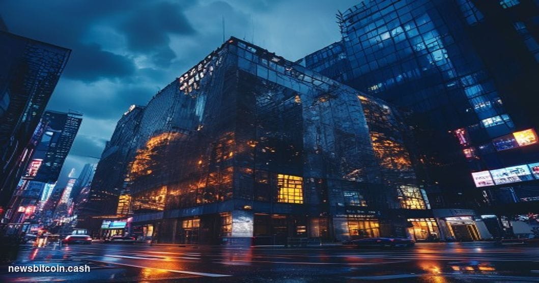 A cinematic photorealistic editorial photograph showing the abandoned Mt. Gox exchange headquarters building in Tokyo's Shibu