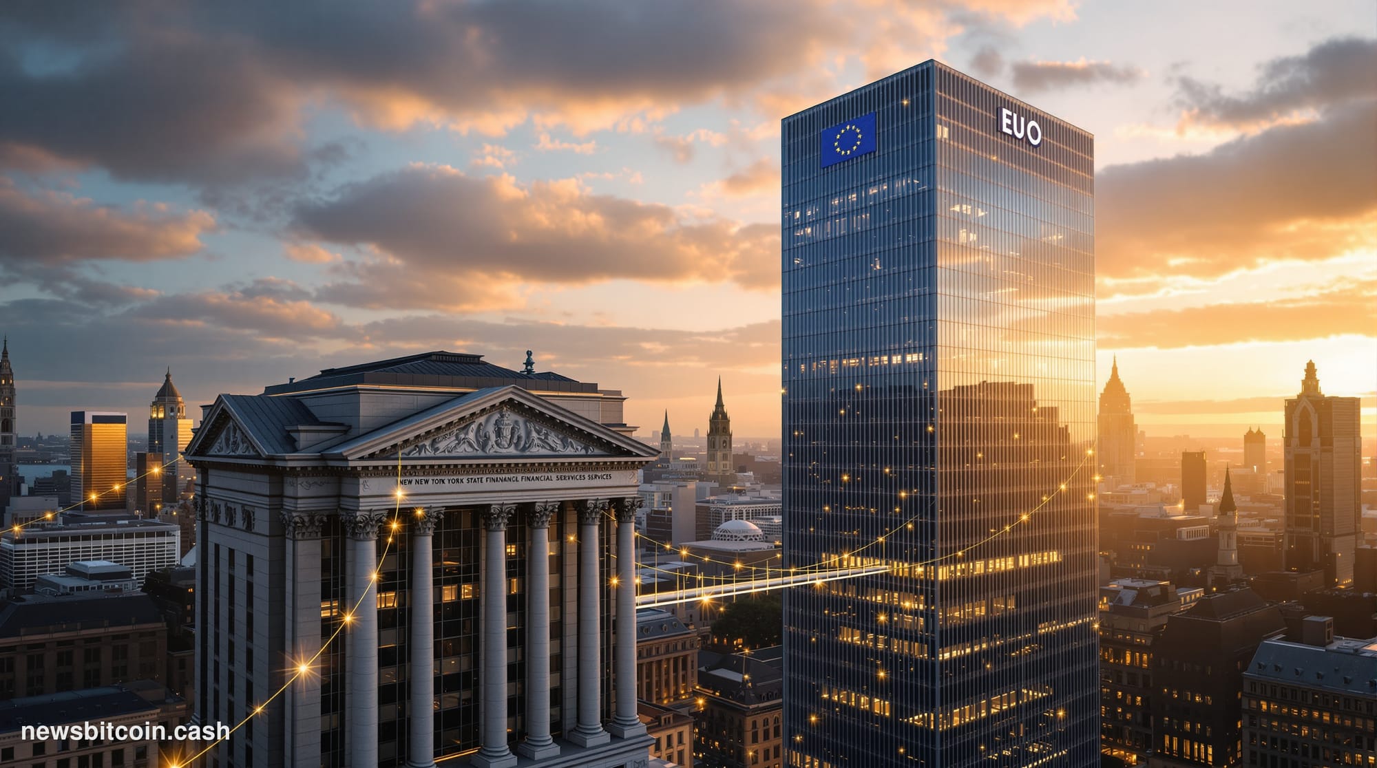 A cinematic photorealistic editorial photograph showing the iconic New York State Department of Financial Services headquarte