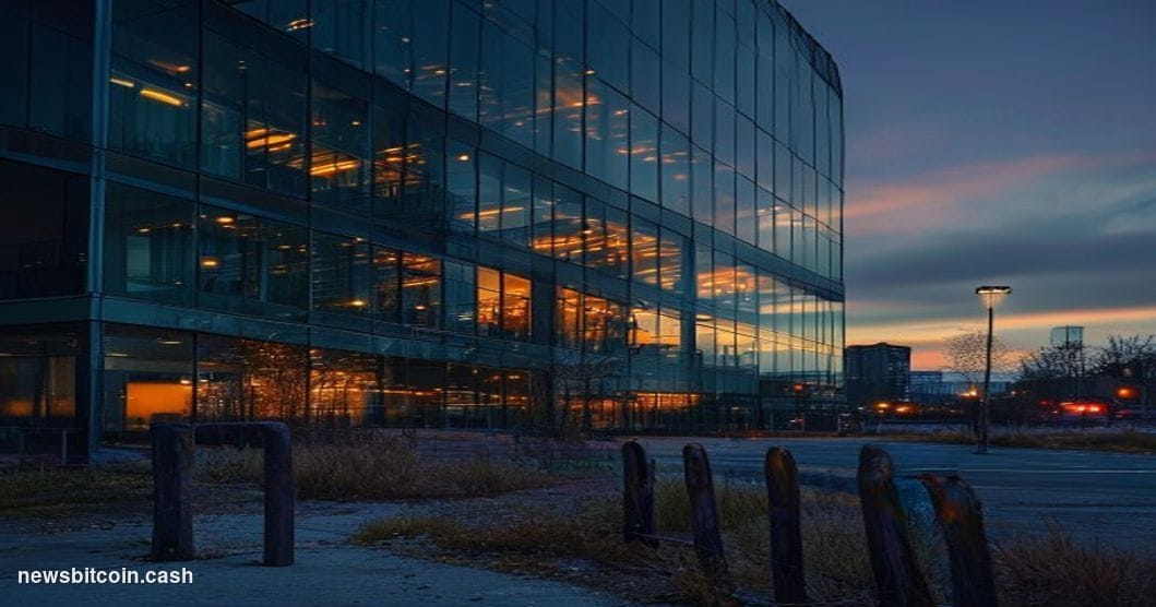 A photorealistic editorial photograph of a abandoned modern glass office building at dusk, with most windows dark and only a 