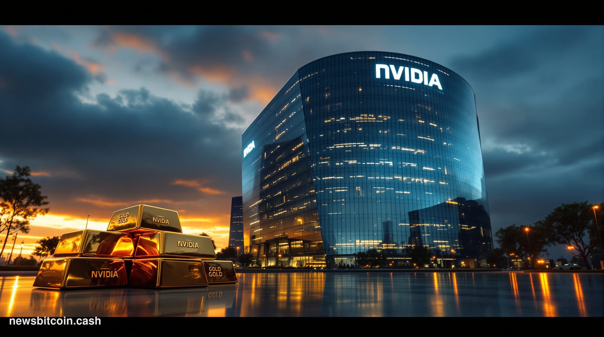 A cinematic photorealistic editorial photograph of NVIDIA's distinctive curved glass headquarters building in Santa Clara, Ca