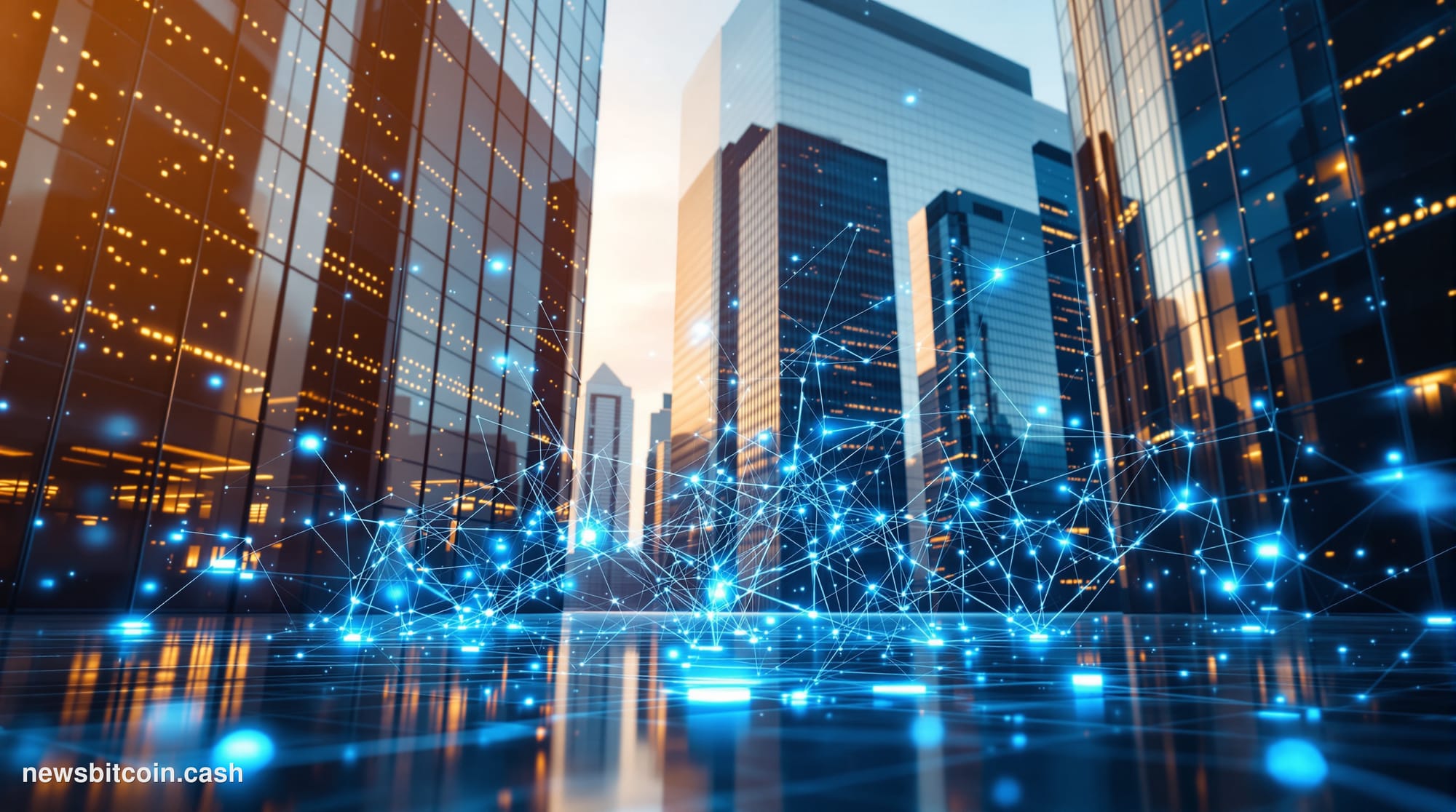 A cinematic photorealistic editorial photograph capturing the intersection of traditional finance and blockchain technology. 