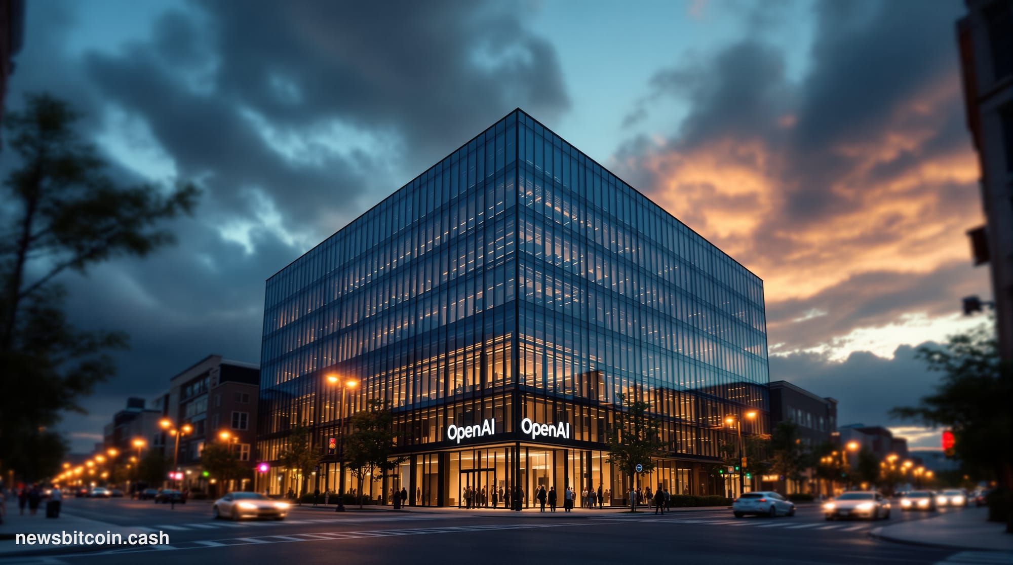 A cinematic photorealistic editorial photograph showing OpenAI's San Francisco headquarters building at dusk, shot from a low
