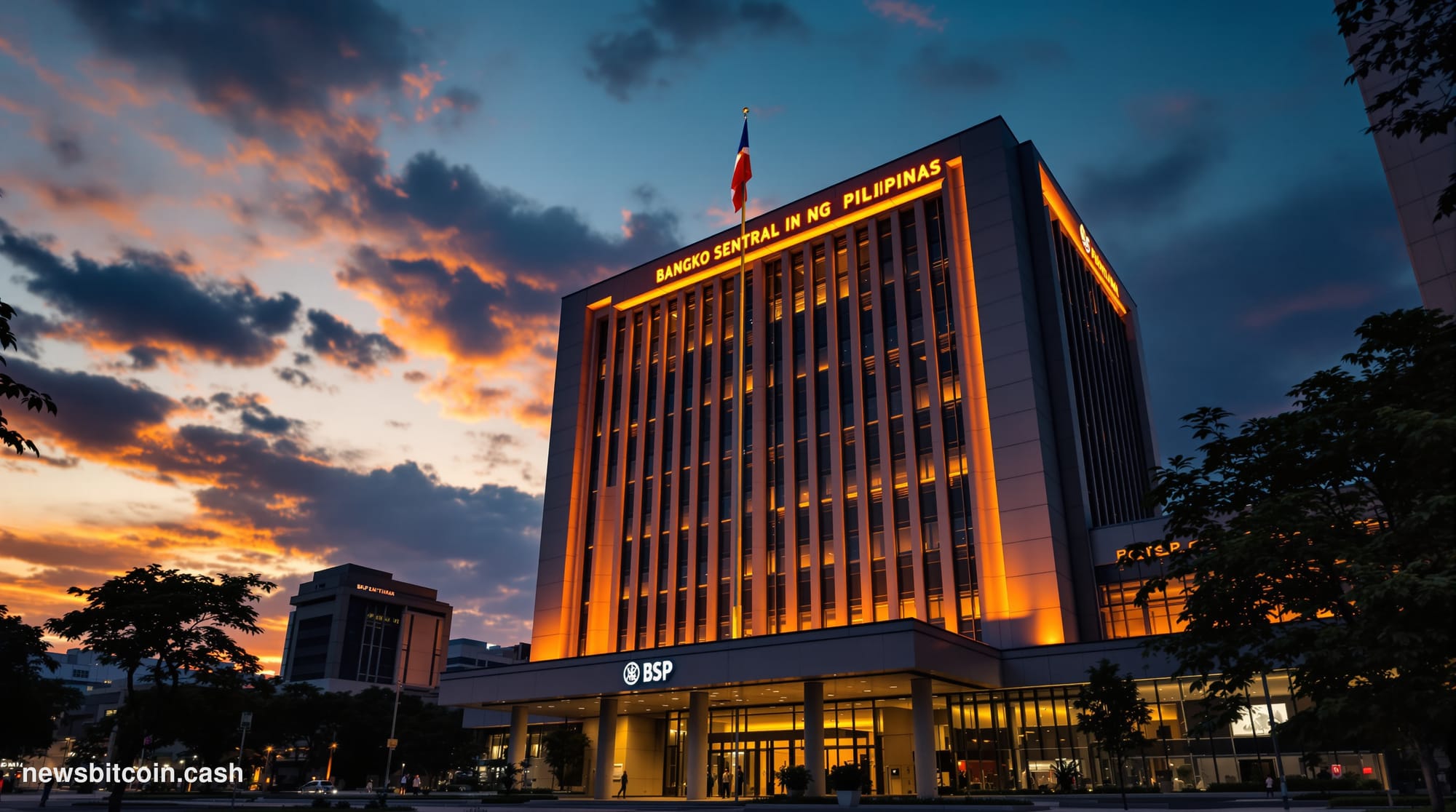 A cinematic photorealistic editorial photograph of the Bangko Sentral ng Pilipinas headquarters building in Manila, captured 