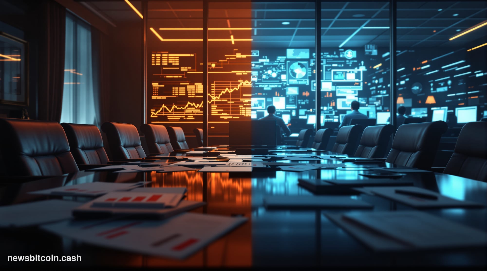 A cinematic photorealistic editorial photograph showing a stark contrast between traditional finance and blockchain technolog