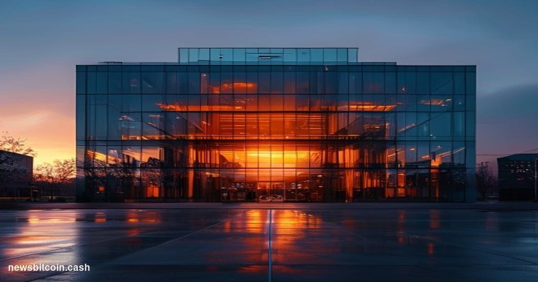 A cinematic photorealistic editorial photograph showing a modern glass office building at dusk with darkened windows, symboli