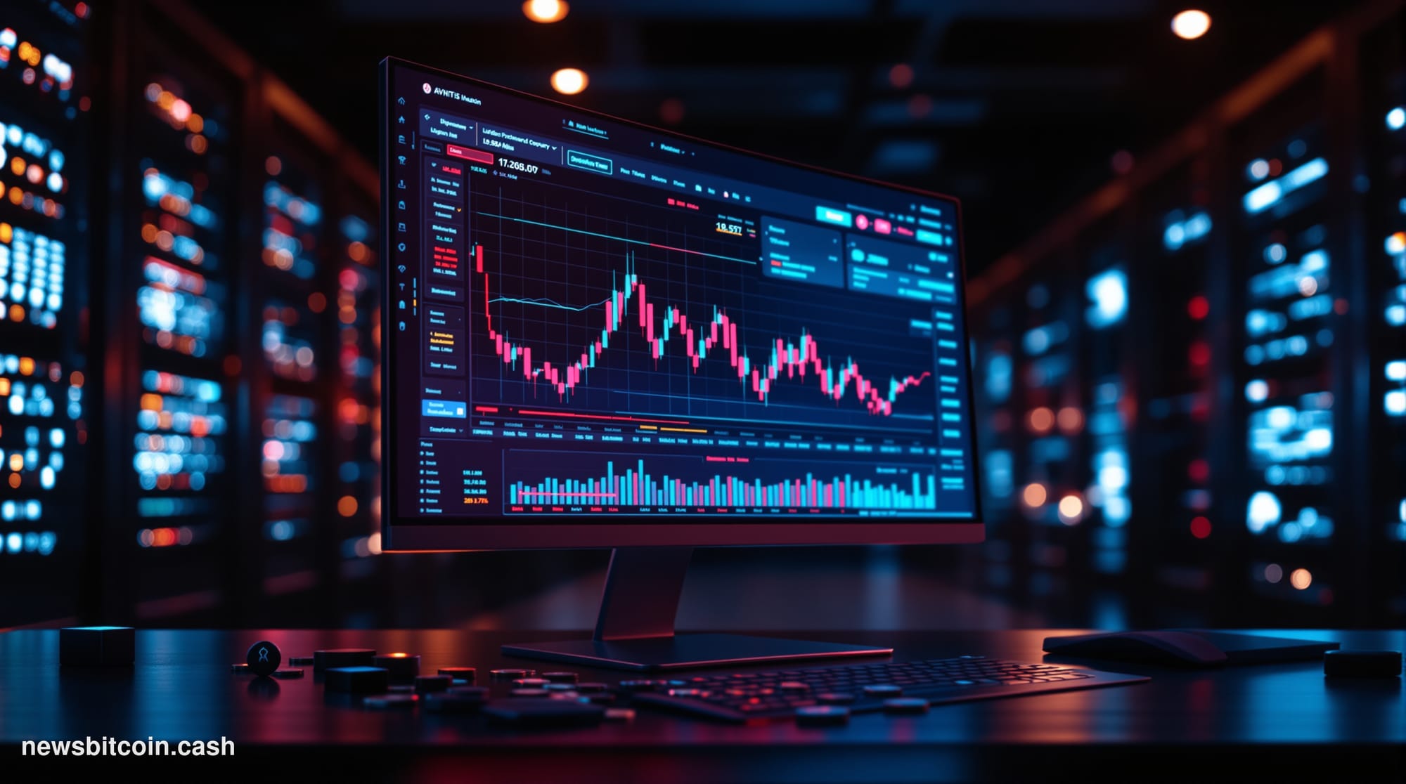 A cinematic photorealistic editorial photograph showing a sleek, modern computer monitor displaying the Raydium decentralized