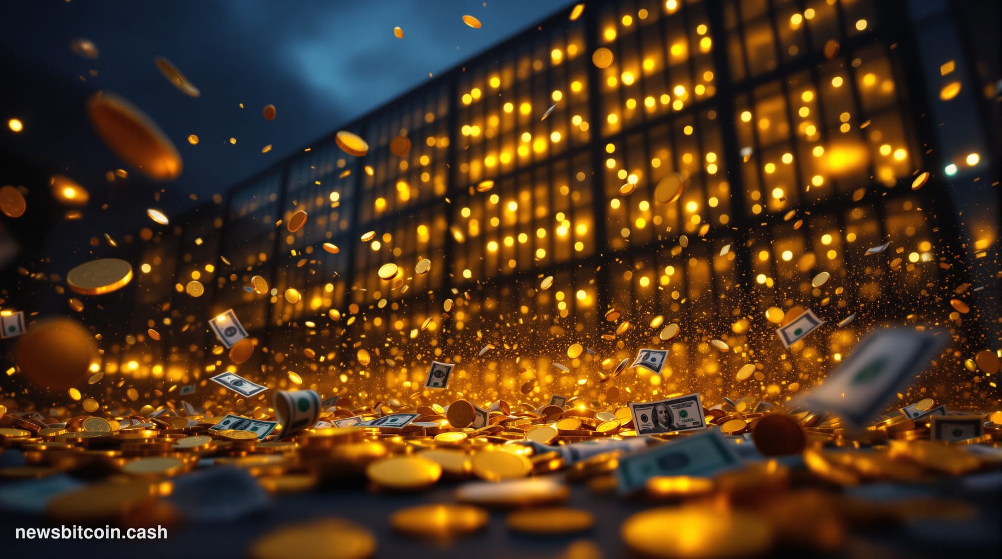 Cinematic photorealistic editorial photograph showing a dramatic wide-angle view of Solana Labs' headquarters in San Francisc
