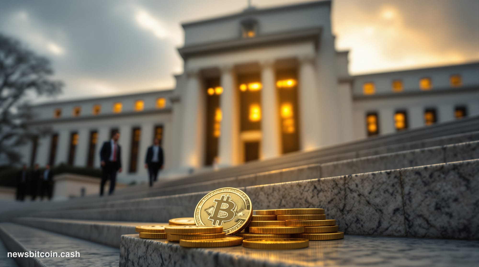 A cinematic photorealistic editorial photograph capturing the intersection of traditional banking and Bitcoin regulation in W