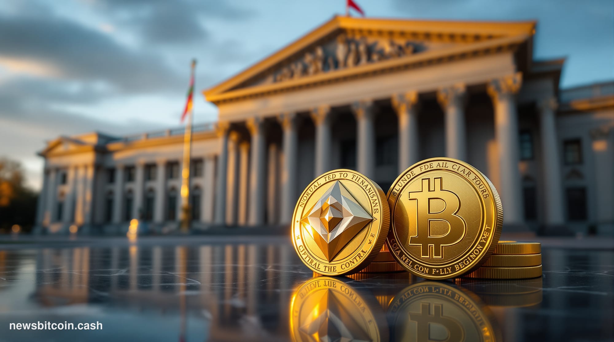 A cinematic photorealistic editorial photograph of the Central Bank of Russia headquarters building in Moscow, shot from a lo