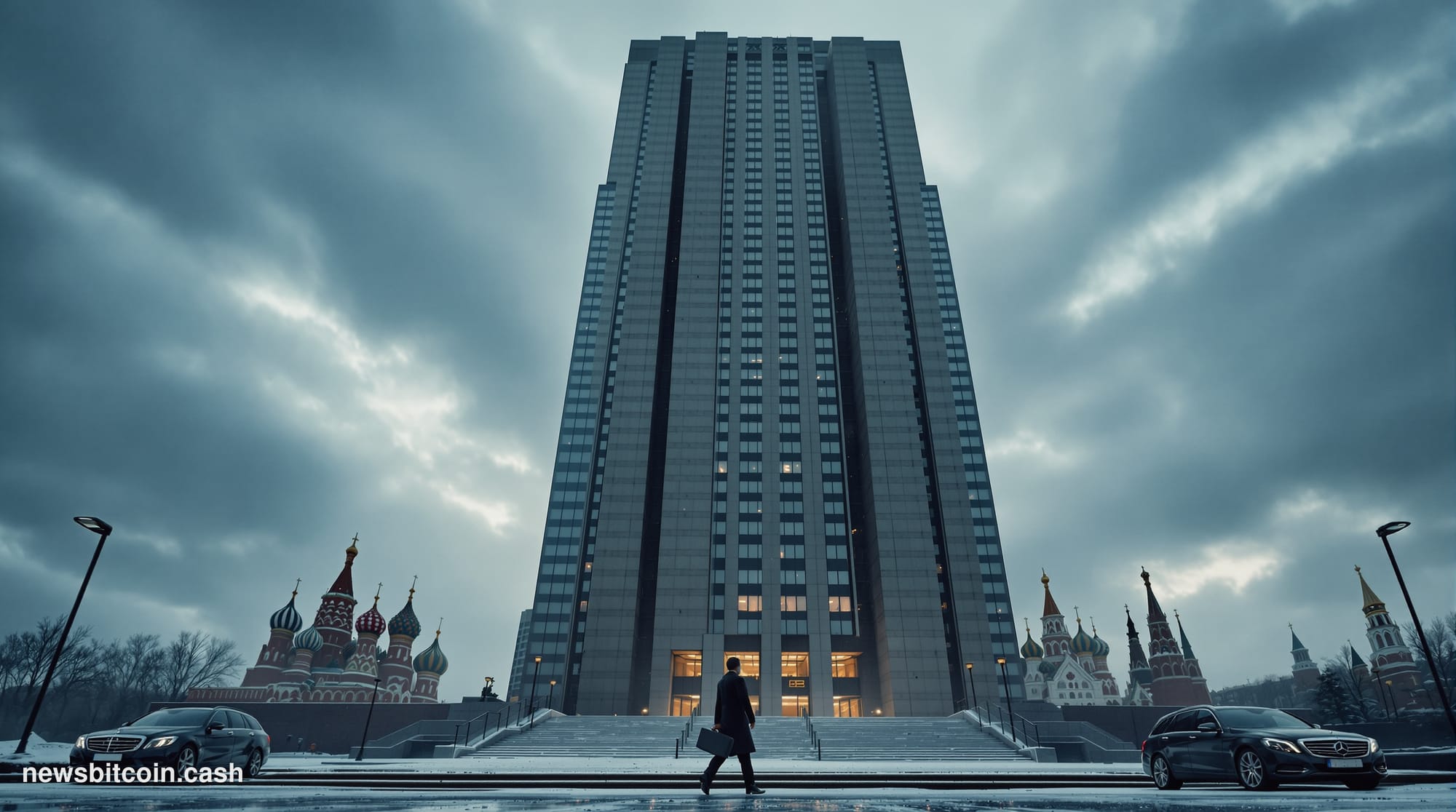 A cinematic photorealistic editorial photograph showing the imposing facade of a Russian government building in Moscow, with 