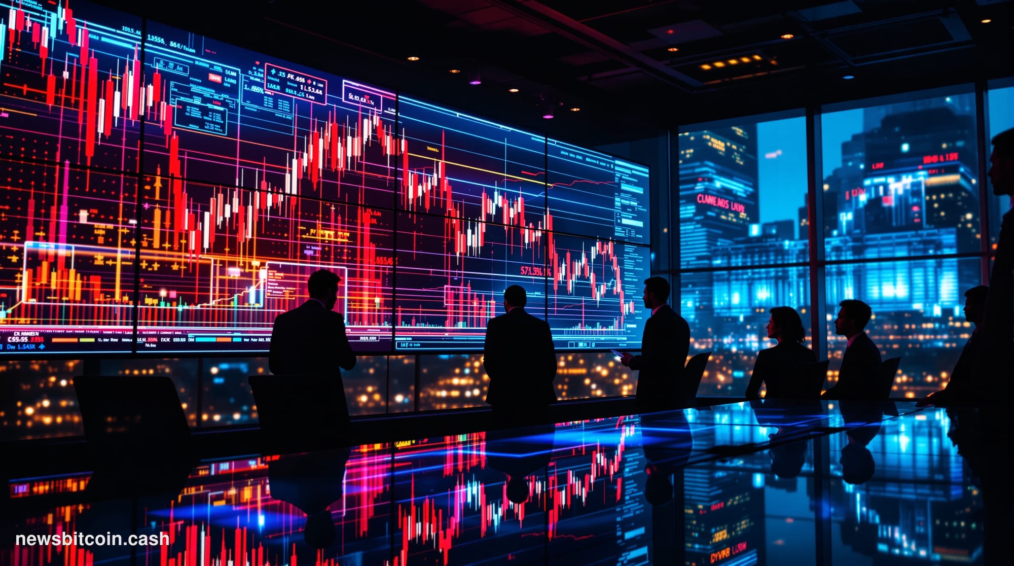 A cinematic photorealistic editorial photograph showing a dramatic financial crash visualization in a high-tech corporate env
