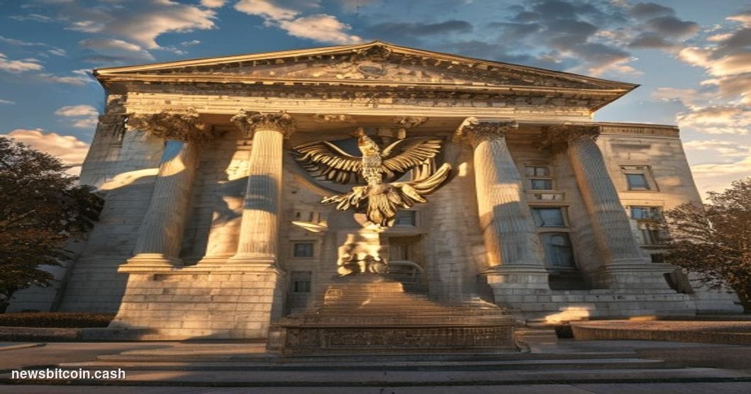 Cinematic photorealistic editorial photograph of the imposing neoclassical facade of the U.S. Department of Labor building in