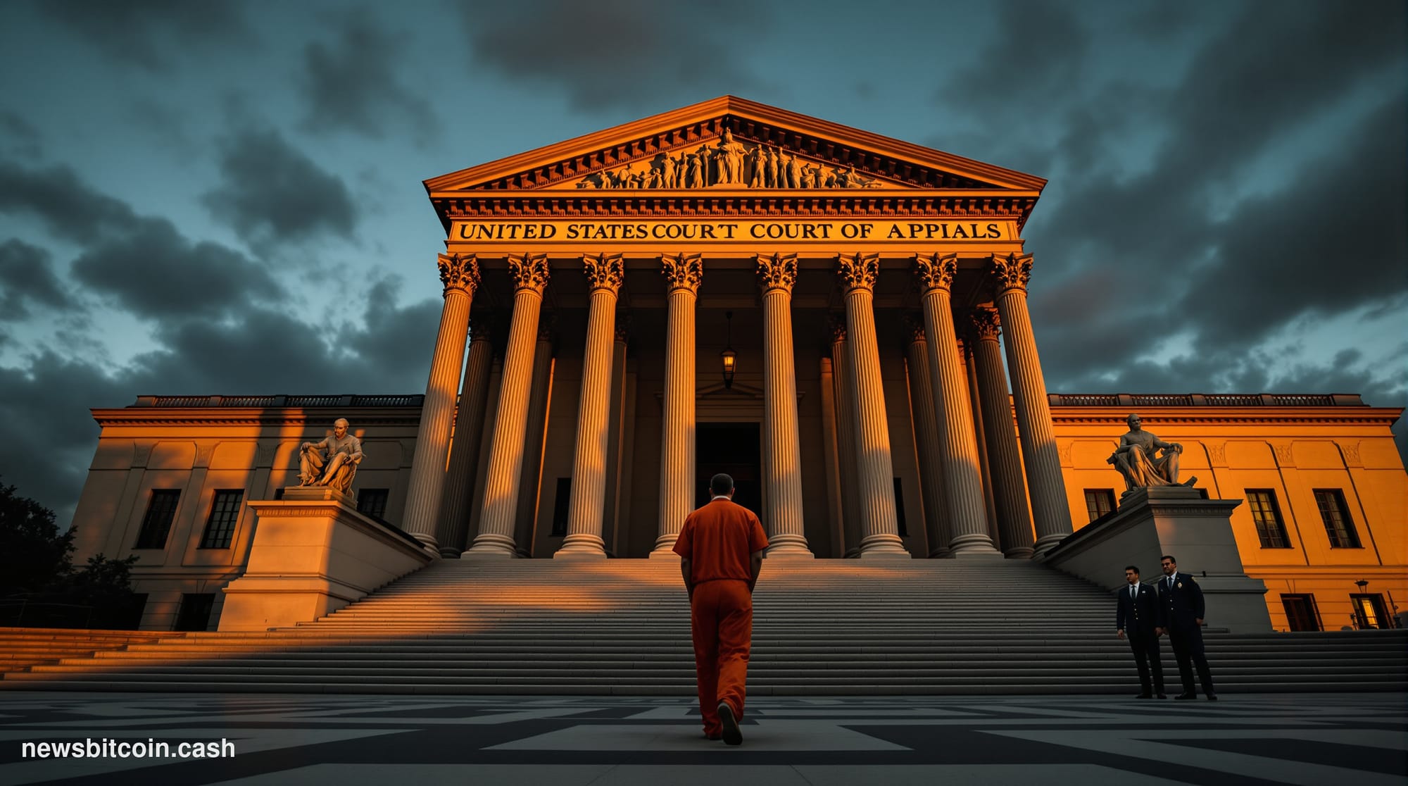 A cinematic photorealistic editorial photograph showing the exterior of a federal courthouse building at dusk, with dramatic 