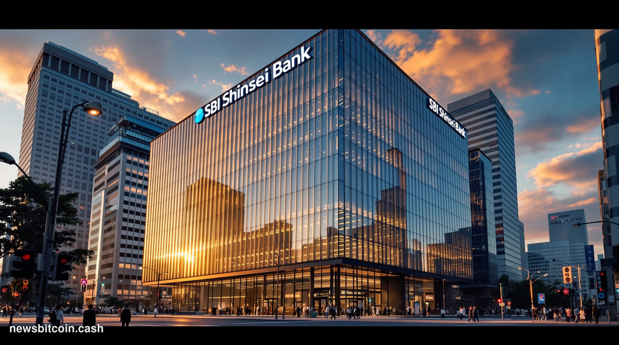 Cinematic photorealistic editorial photograph of SBI Shinsei Bank's modern corporate headquarters in Tokyo's financial distri