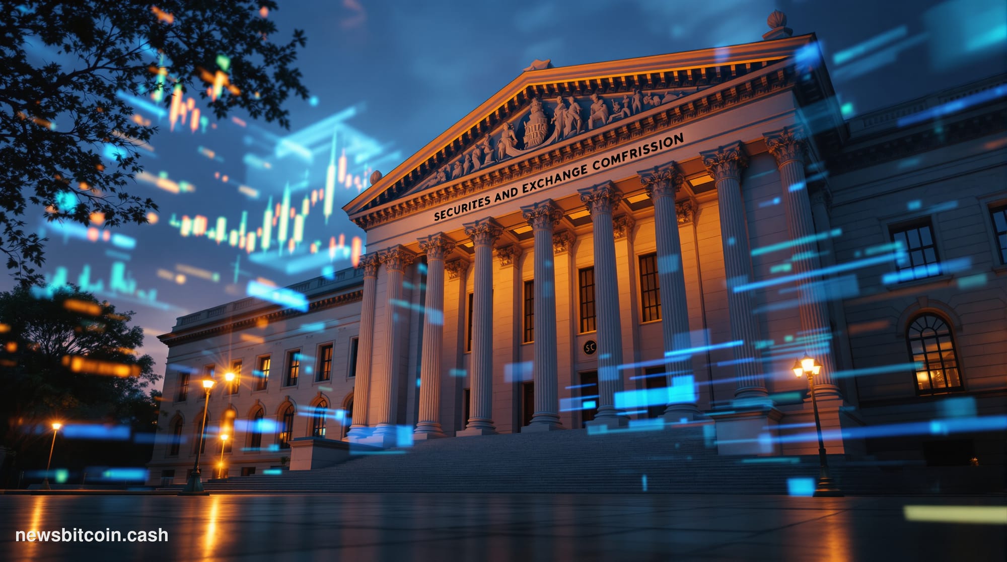 A cinematic photorealistic editorial photograph of the Securities and Exchange Commission headquarters building in Washington