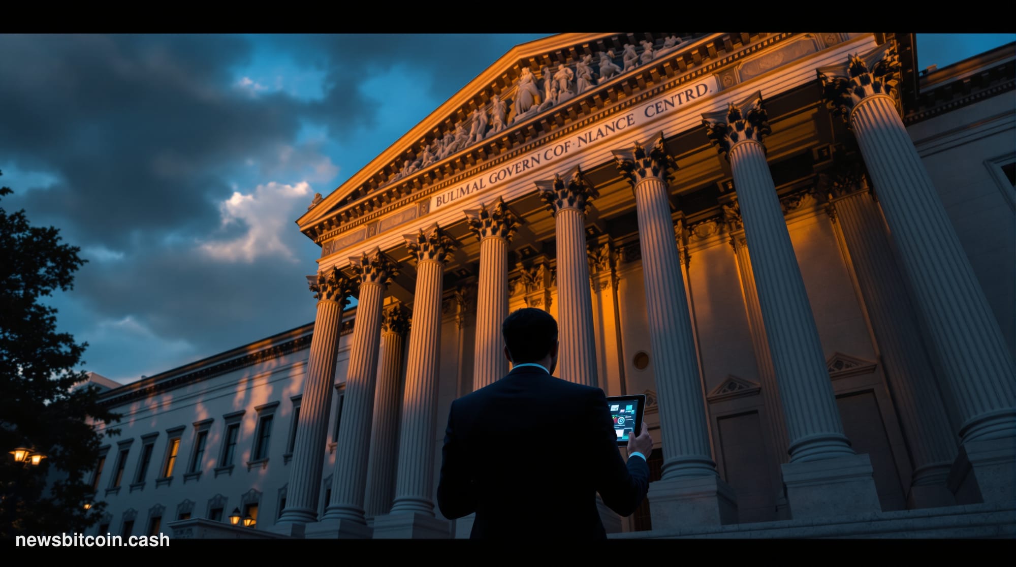A cinematic photorealistic editorial photograph showing the imposing facade of the SEC headquarters building in Washington D.