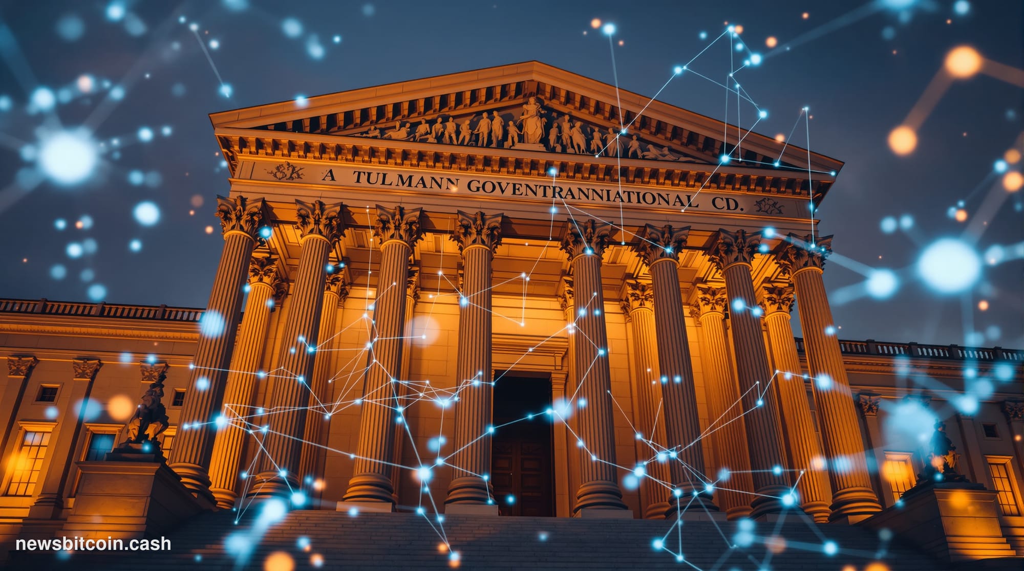 A cinematic photorealistic editorial photograph of the SEC headquarters building in Washington DC at dusk, shot from a low an