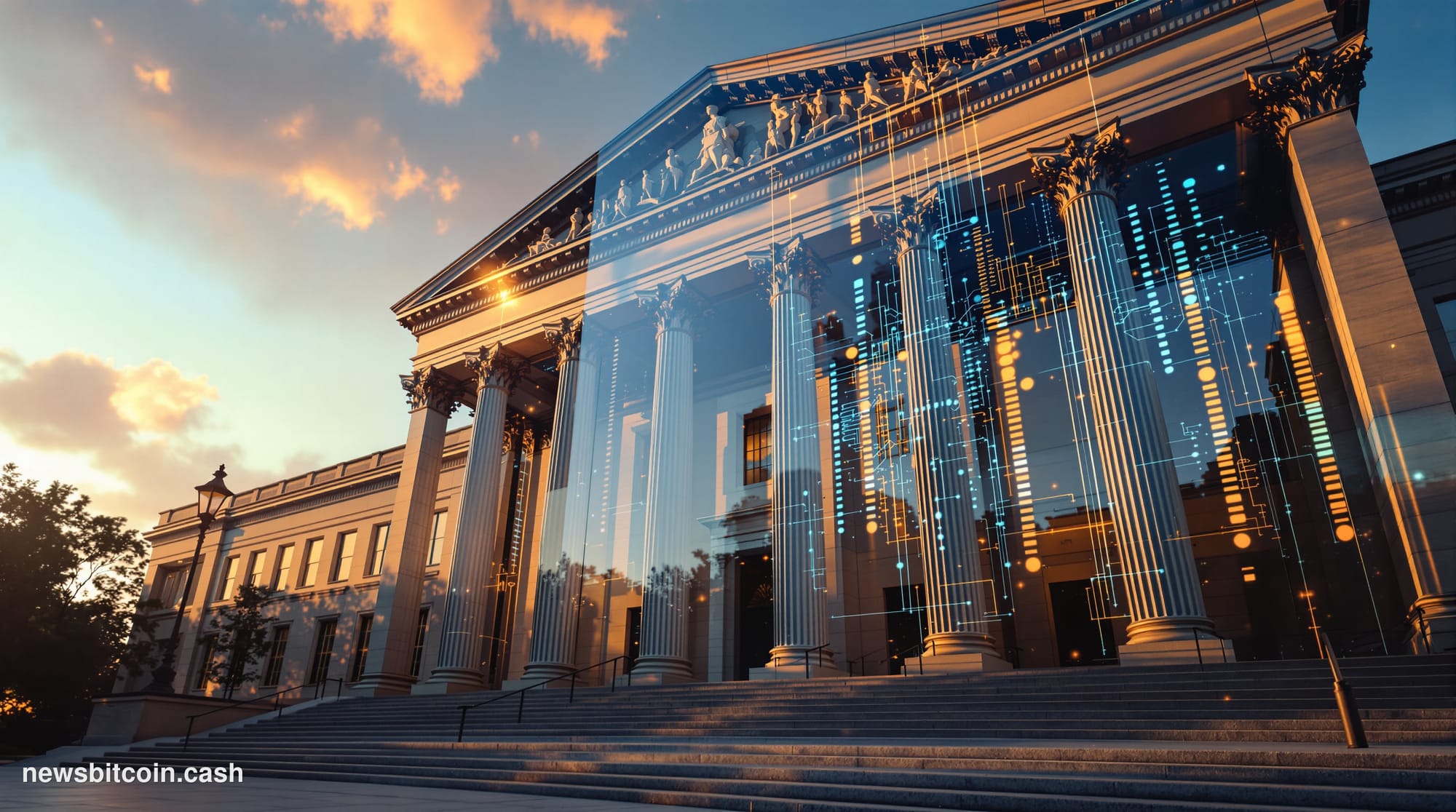 A cinematic photorealistic editorial photograph of the SEC headquarters building in Washington D.C., shot from a low angle du