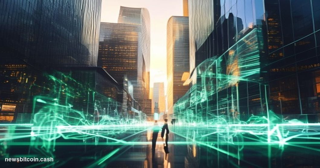 A cinematic photorealistic editorial photograph showcasing the intersection of traditional finance and blockchain technology.