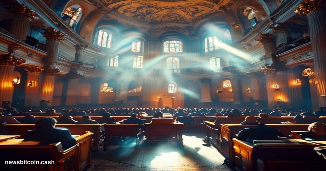A cinematic photorealistic editorial photograph of the US Senate chamber interior during an active session, with Democratic s