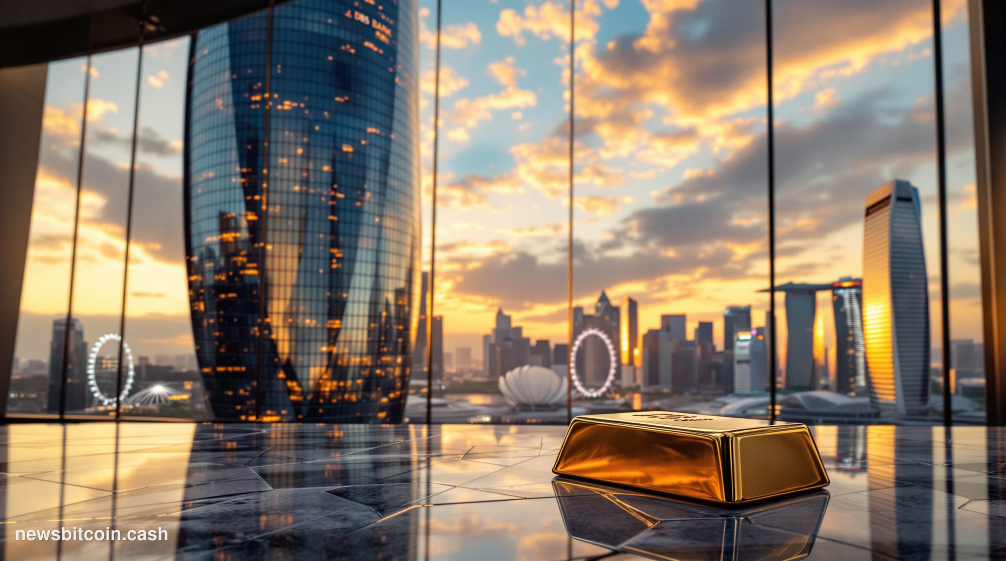 A cinematic photorealistic editorial photograph showcasing the iconic DBS Bank Tower in Singapore's Marina Bay financial dist
