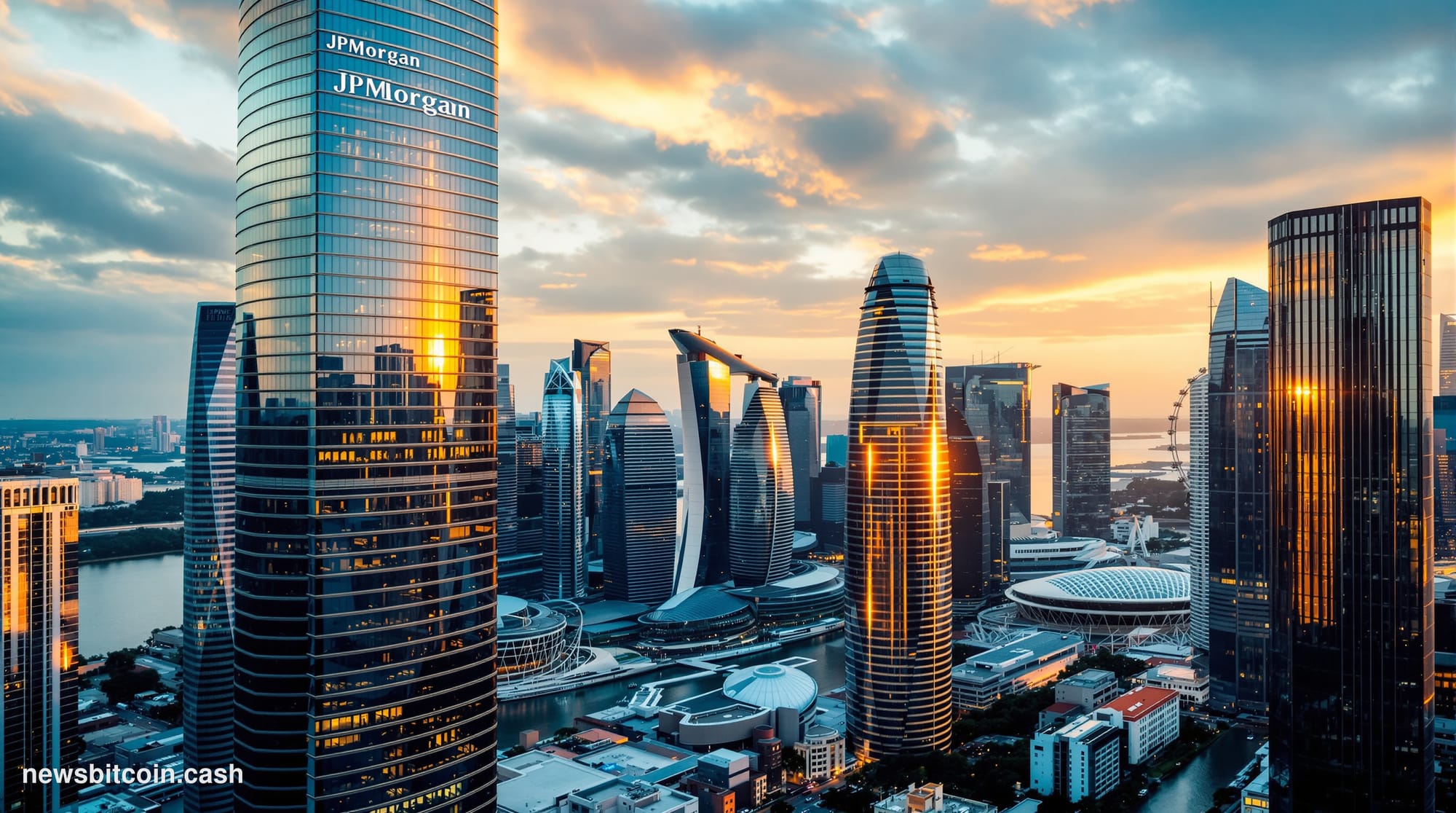 A cinematic photorealistic editorial photograph showcasing Singapore's Marina Bay Financial District skyline at golden hour, 
