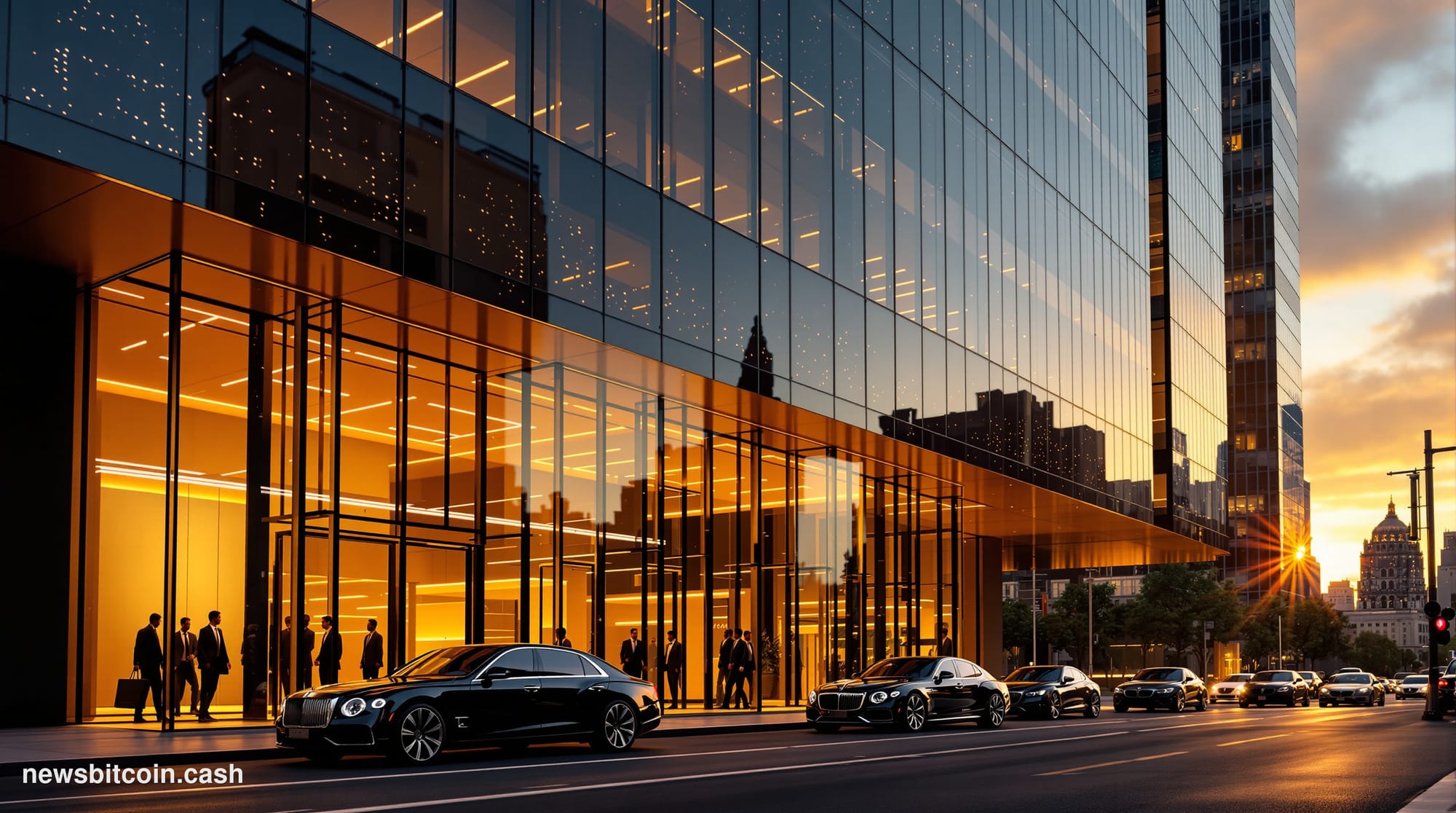 A cinematic photorealistic editorial photograph of the Solana Foundation's modern headquarters building in San Francisco's SO