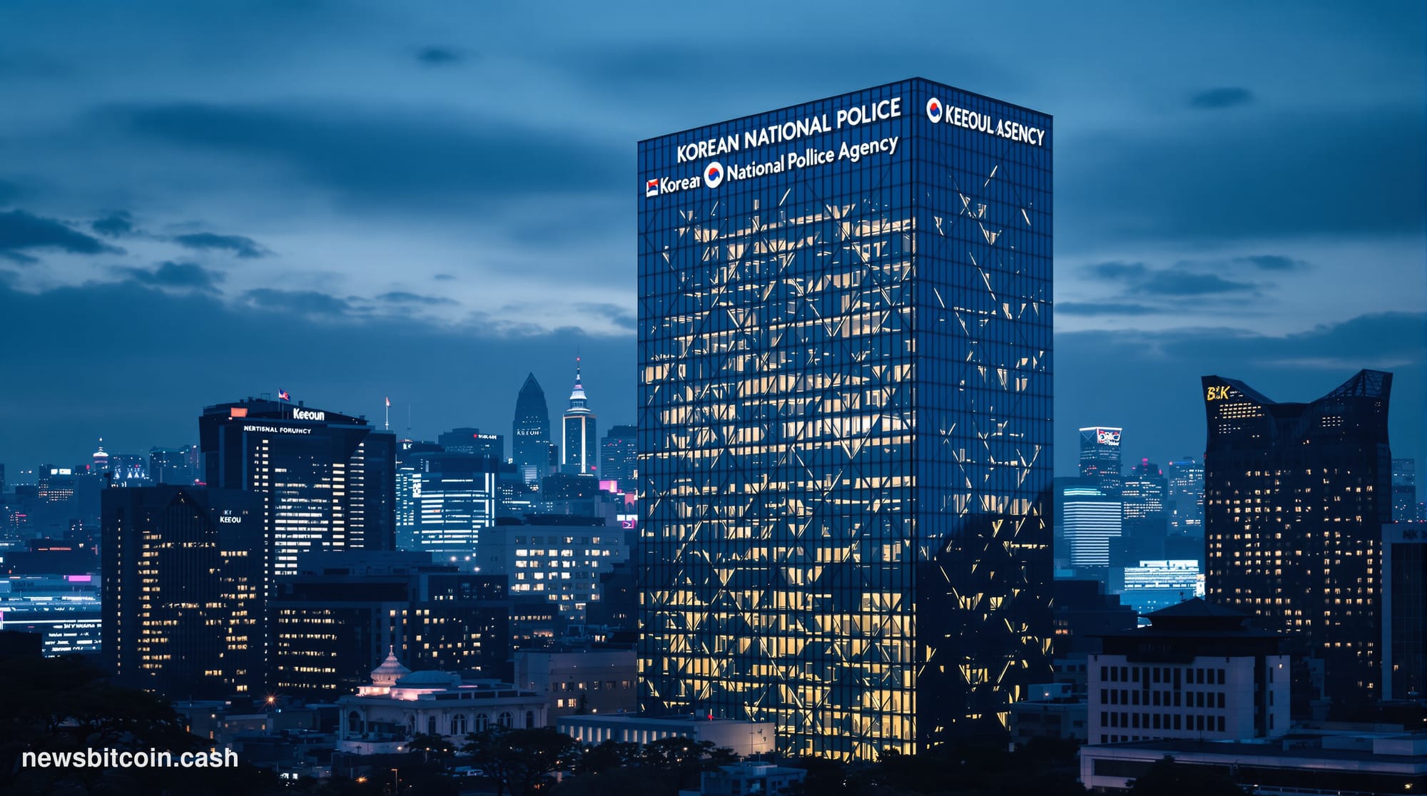 A cinematic photorealistic editorial photograph showing the imposing facade of the Korean National Police Agency headquarters