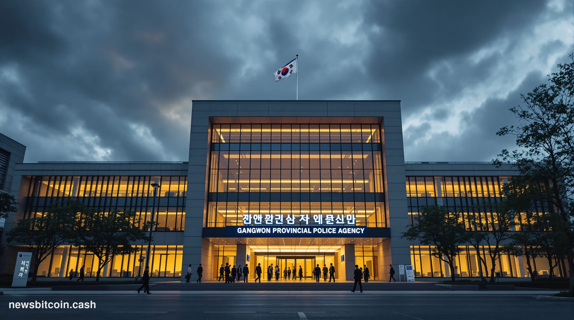 A cinematic photorealistic editorial photograph showing the imposing exterior of the Gangwon Provincial Police Agency headqua