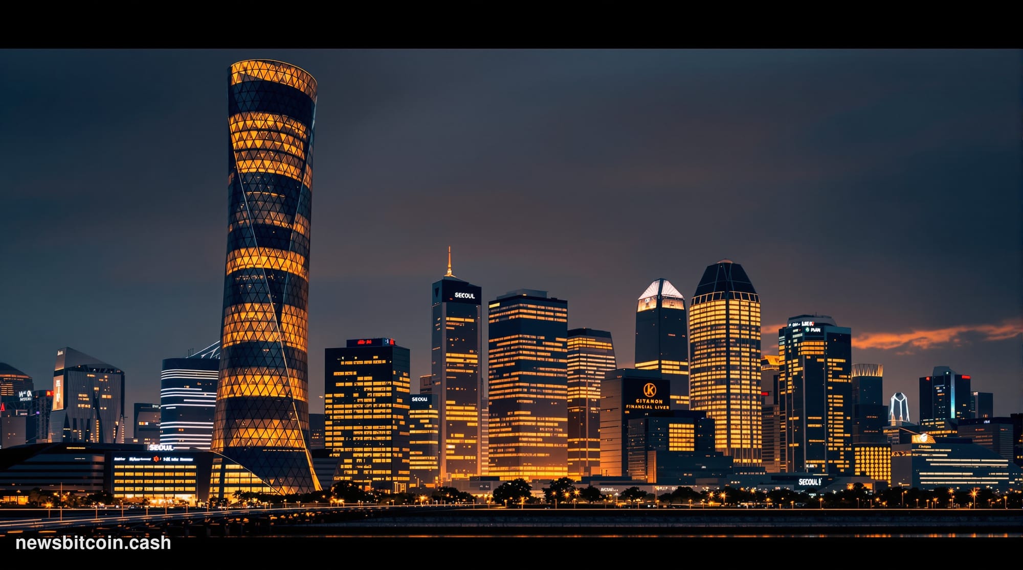 Cinematic photorealistic editorial photograph of Seoul's financial district skyline at dusk, dominated by the iconic Lotte Wo
