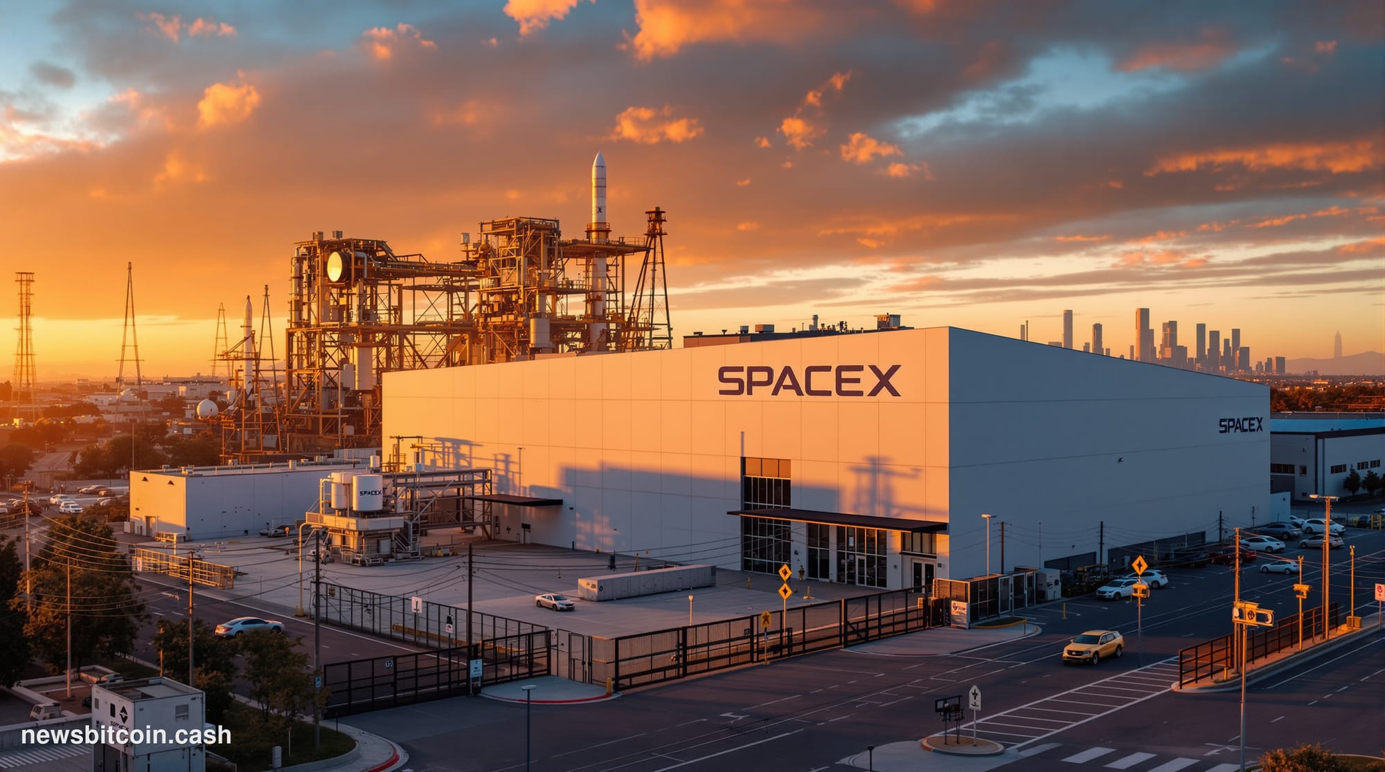 A cinematic photorealistic editorial photograph of SpaceX's Hawthorne headquarters in California, shot during golden hour wit