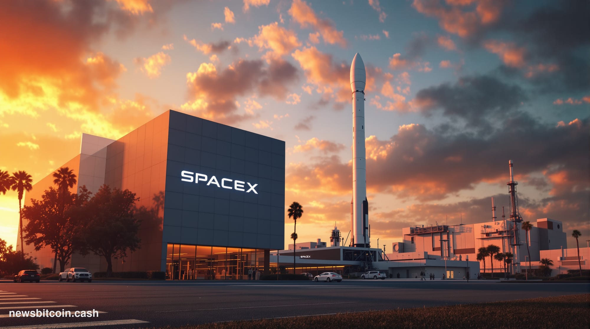 A cinematic photorealistic editorial photograph of the iconic SpaceX headquarters in Hawthorne, California, captured from a l
