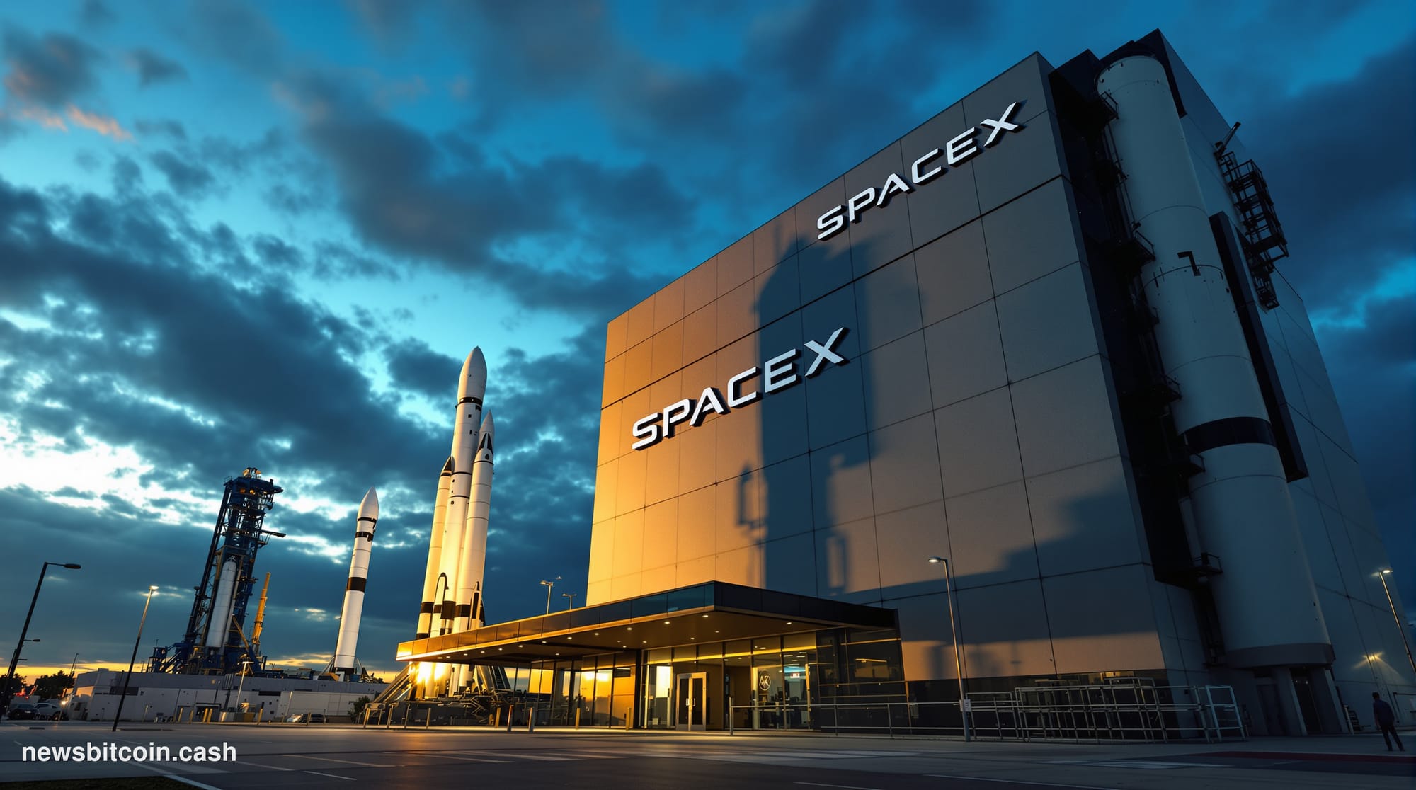 A cinematic photorealistic editorial photograph of the iconic SpaceX headquarters in Hawthorne, California, shot from a low a