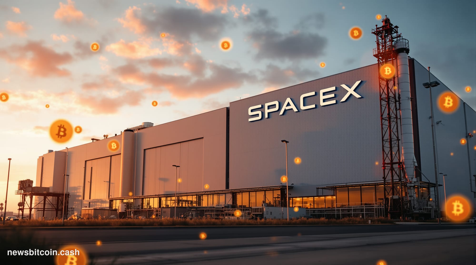 A cinematic photorealistic editorial photograph of SpaceX headquarters in Hawthorne, California, shot from a low angle during