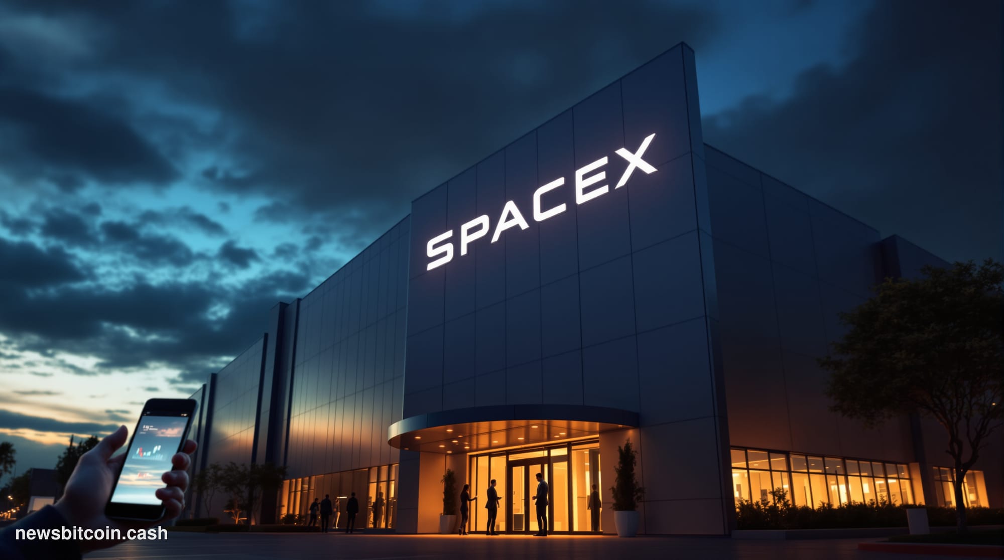 Cinematic photorealistic editorial photograph showing the iconic SpaceX Hawthorne headquarters building exterior in dramatic 