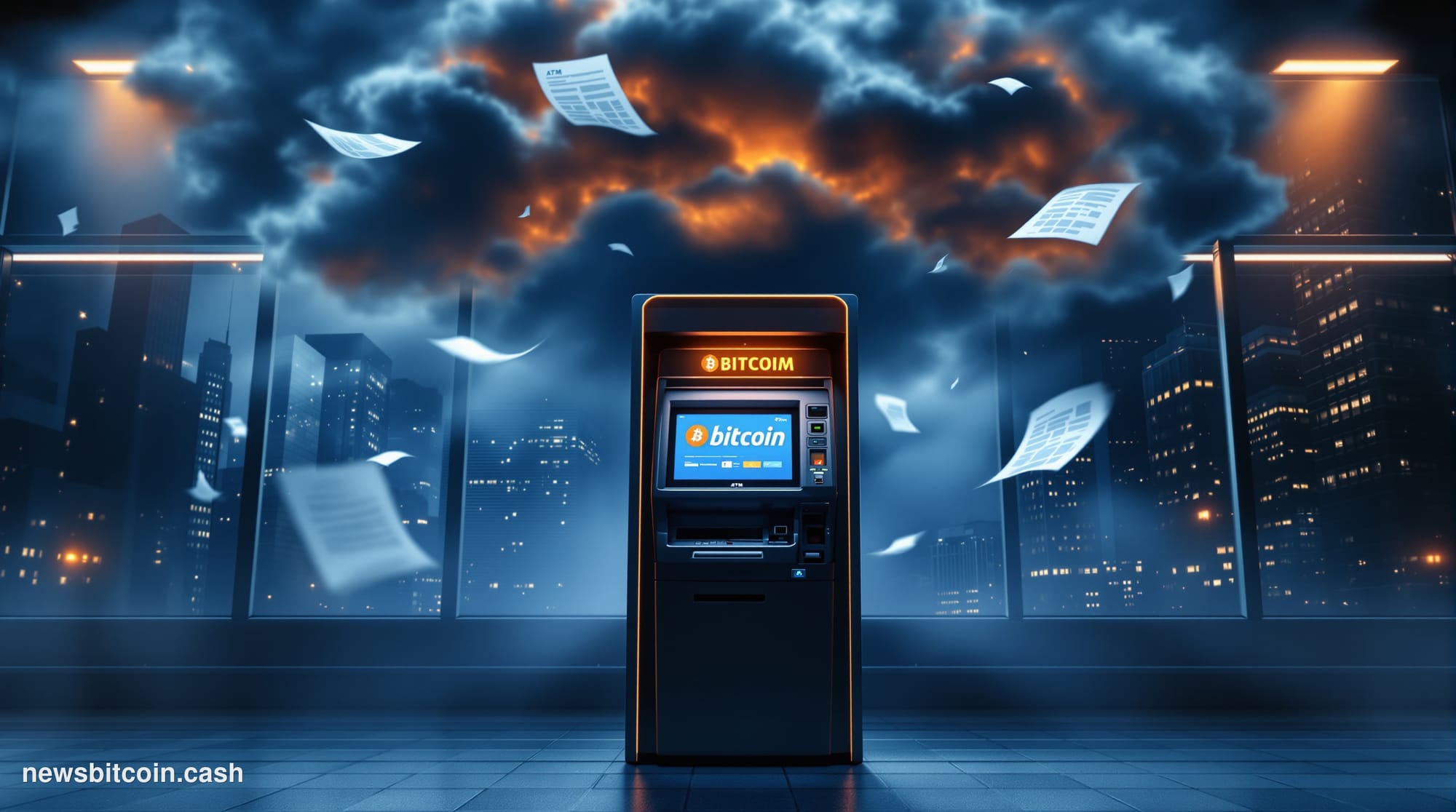 A cinematic photorealistic editorial photograph showing a Bitcoin ATM kiosk in an urban environment with dramatic shadows cas