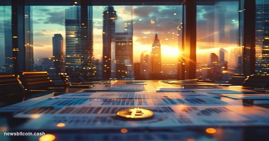 A cinematic photorealistic editorial photograph of a modern corporate boardroom with floor-to-ceiling windows overlooking a m
