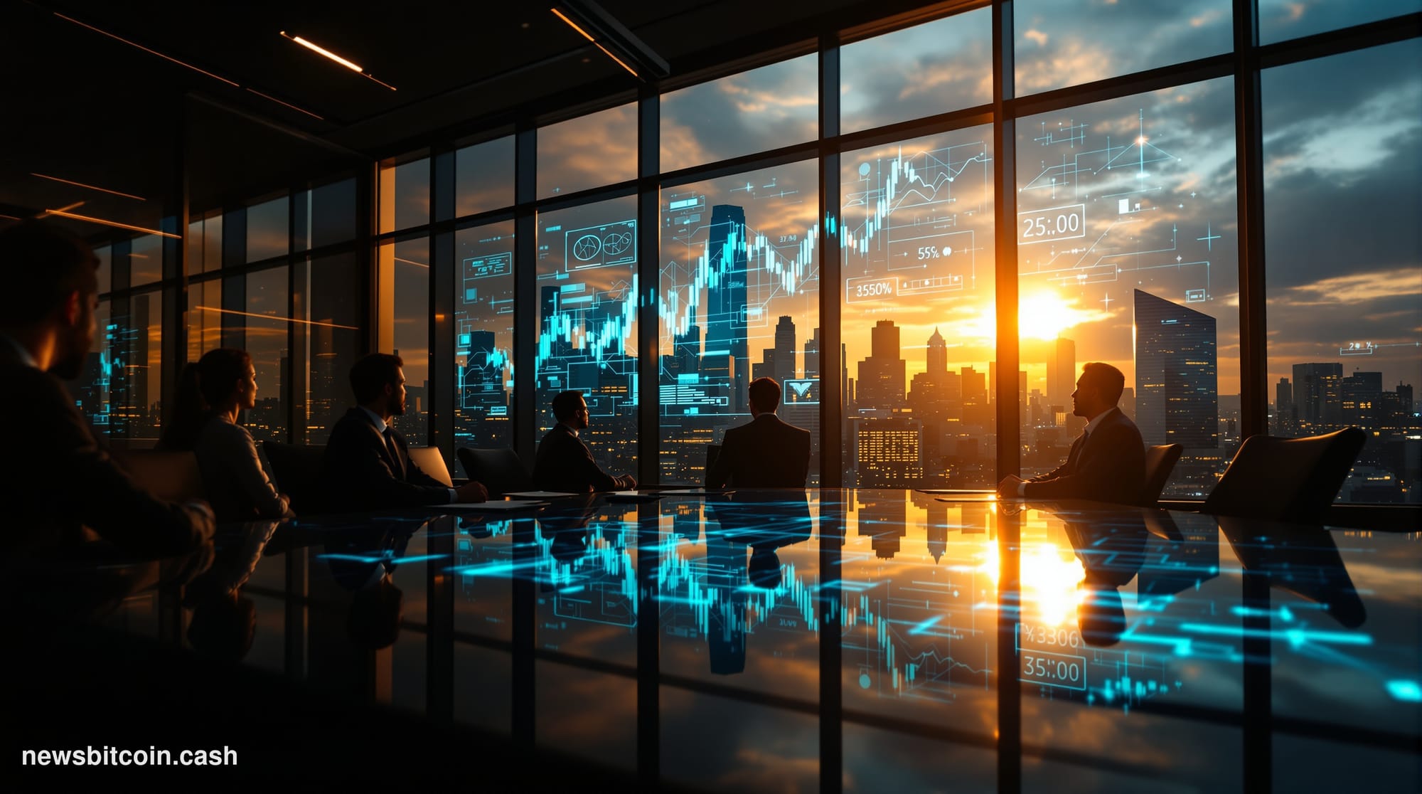 A cinematic photorealistic editorial photograph of a modern corporate boardroom during a shareholder meeting, shot from a dra