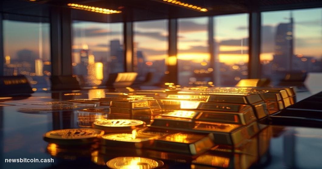 A cinematic photorealistic editorial photograph showing a modern corporate boardroom with floor-to-ceiling windows overlookin