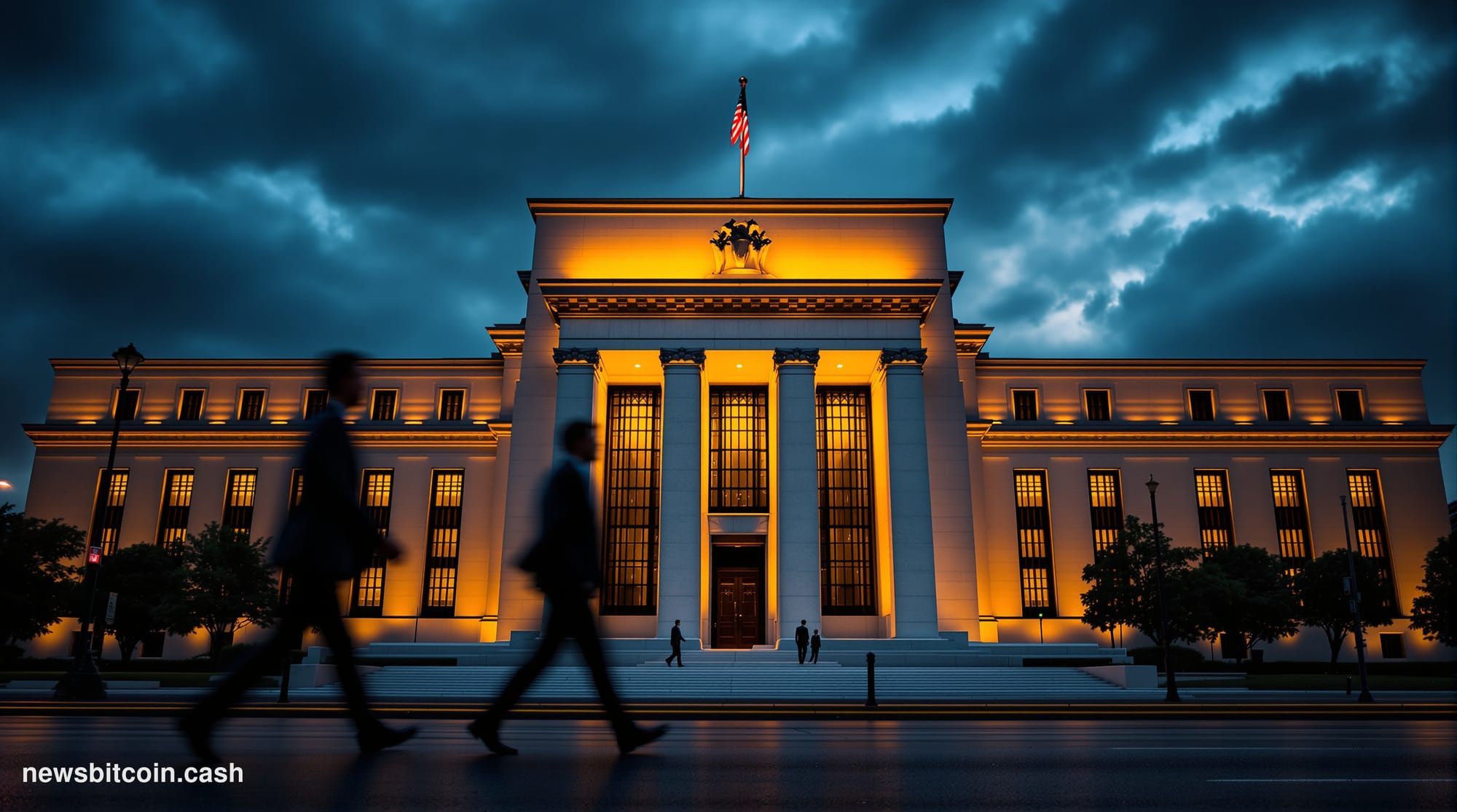 A cinematic photorealistic editorial photograph of the Federal Reserve building in Washington DC at dusk, shot from a low ang
