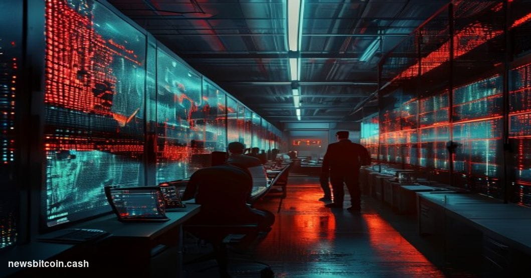 A cinematic photorealistic editorial photograph of a sleek modern data center control room in crisis mode, with multiple larg
