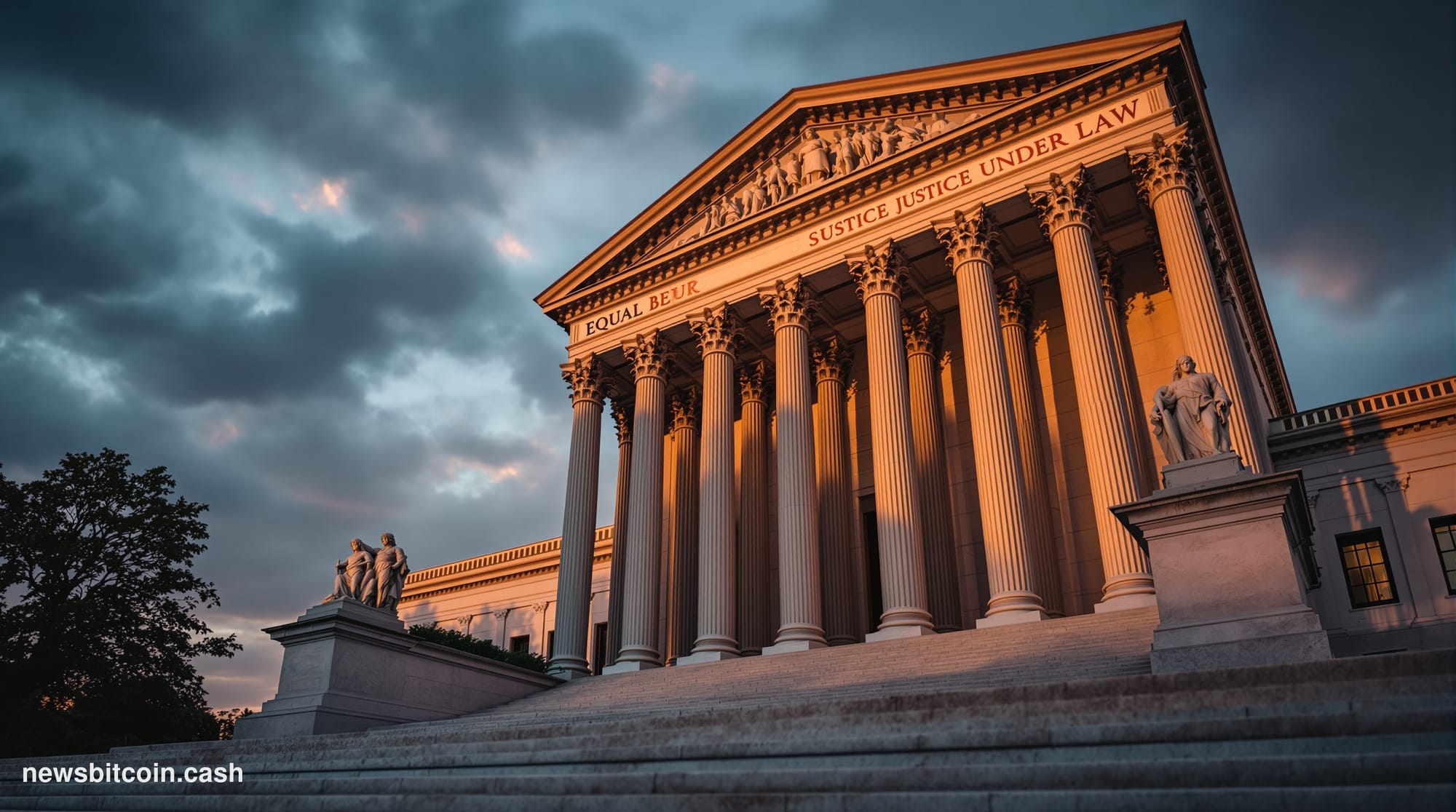 A cinematic photorealistic editorial photograph of the United States Supreme Court building in Washington D.C., captured from