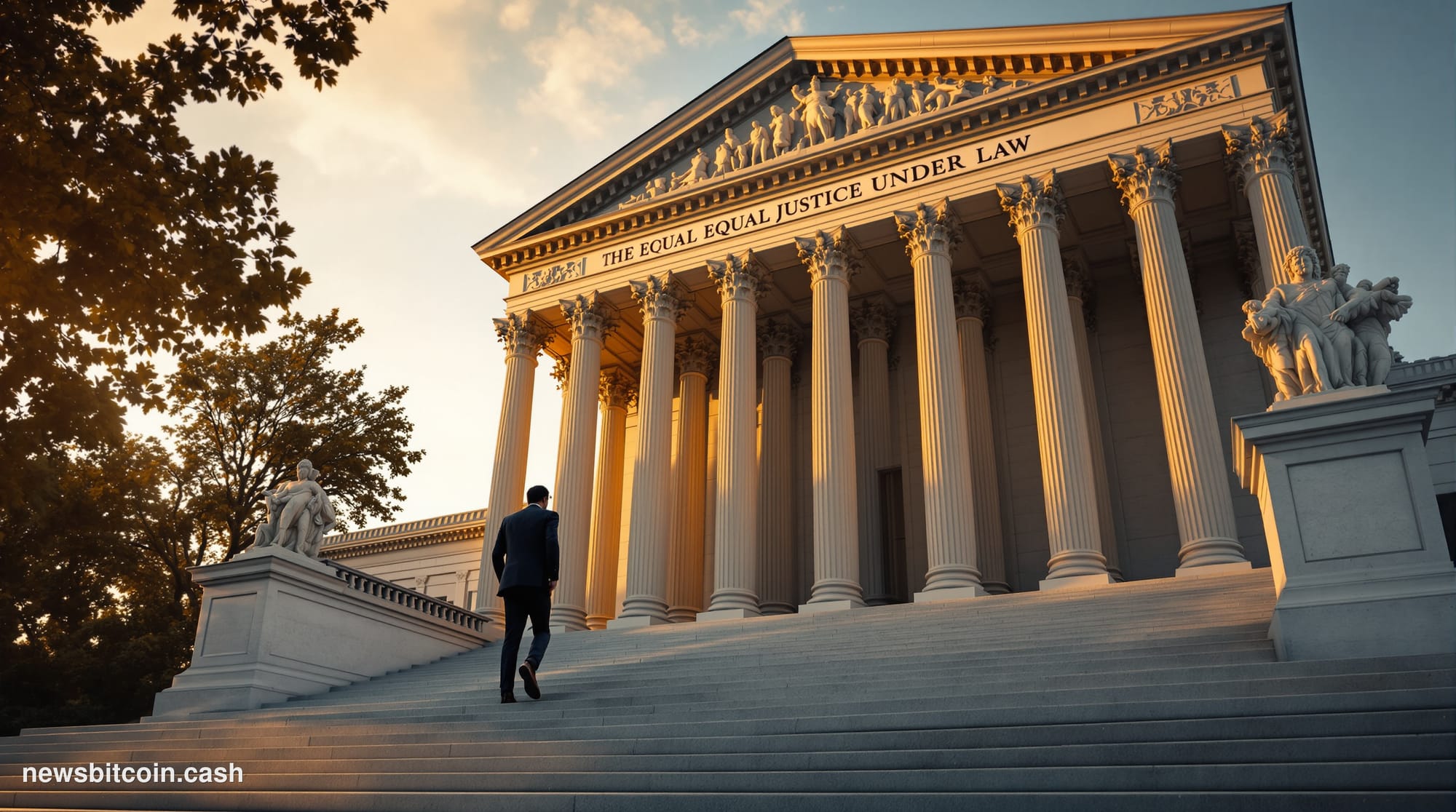 A cinematic photorealistic editorial photograph of the United States Supreme Court building in Washington DC, captured from a