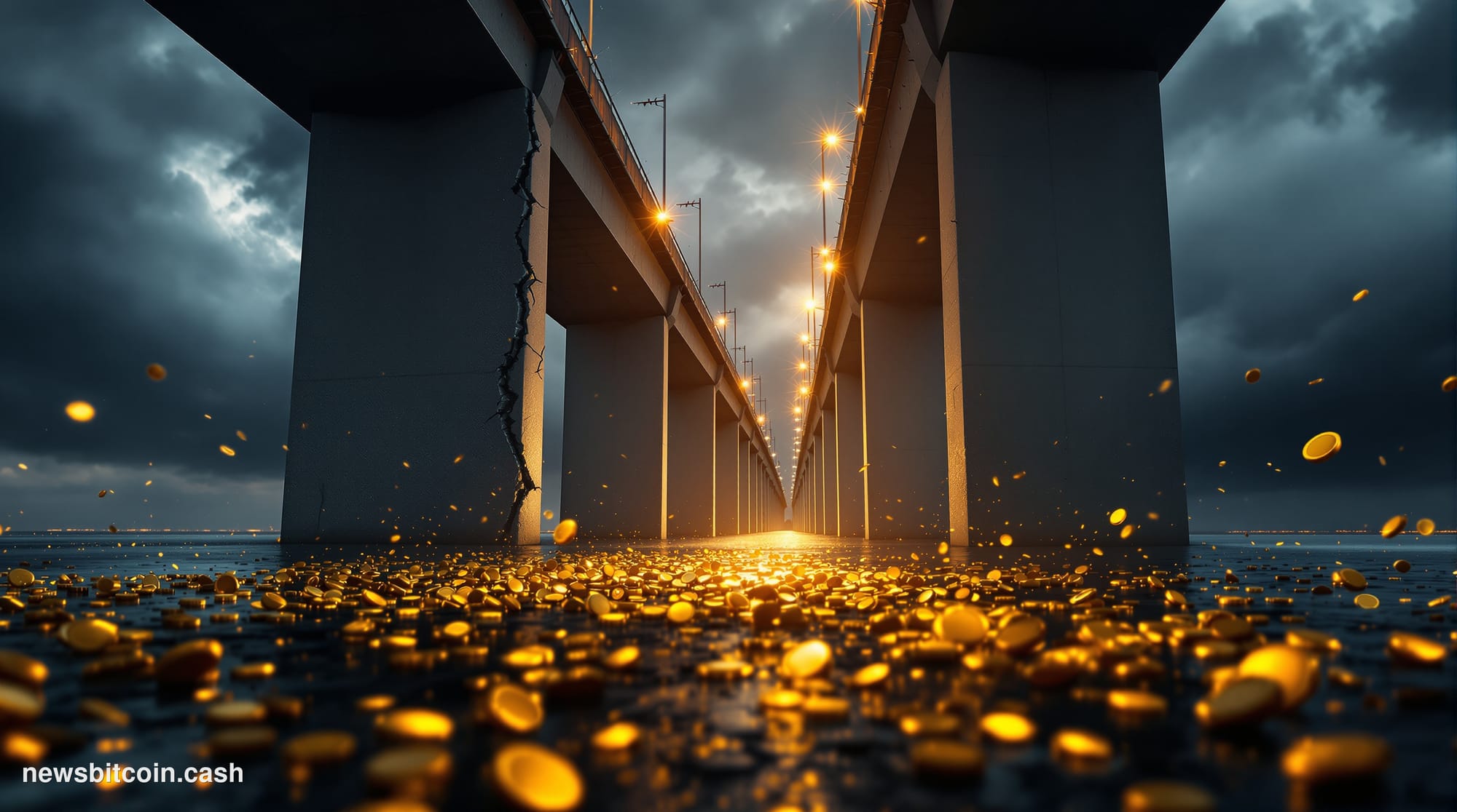 A cinematic photorealistic editorial photograph showing a dramatic cross-chain bridge visualization under attack, shot from a