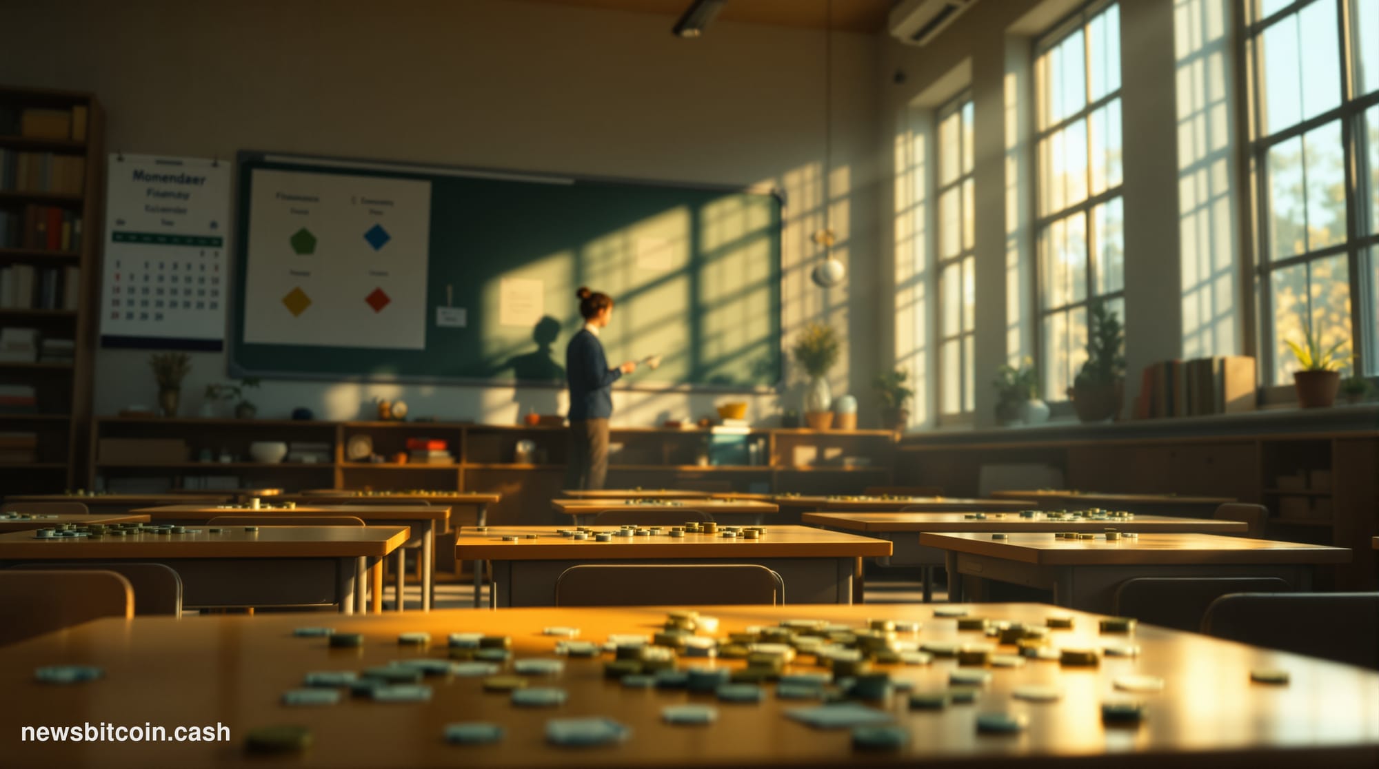 A cinematic photorealistic editorial photograph of a modern kindergarten classroom transformed into a monetary education spac