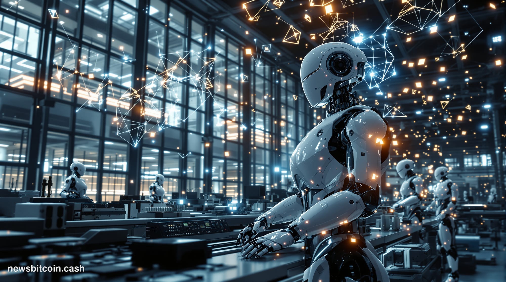 A cinematic photorealistic editorial photograph showing a modern robotics manufacturing facility with sleek white and silver 