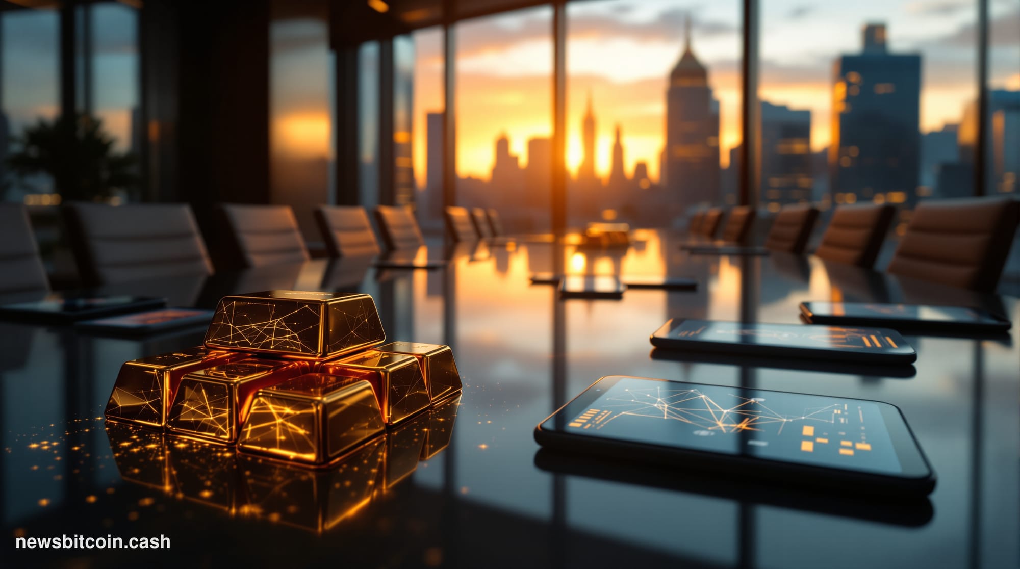 A cinematic photorealistic editorial photograph showing the convergence of traditional finance and digital assets. The scene 